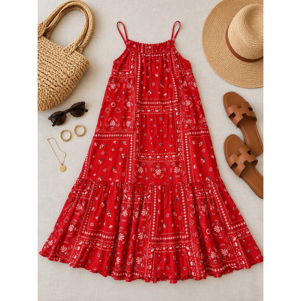 OshKosh Bgosh Girls Red Bandana Paisley Print Tiered Maxi Dress Size 8